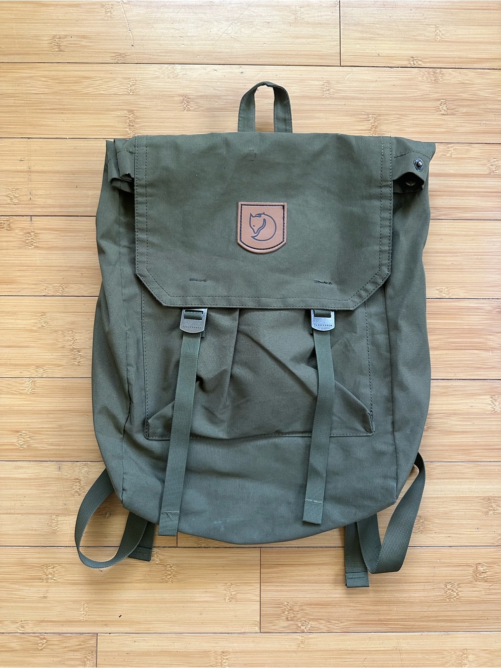 Fjallraven Olive Green Canvas Backpack with Leather Logo